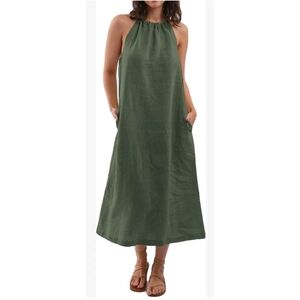 Amazhiyu Small Olive Green Sleeveless Linen Halter Maxi Dress Adjustable Boho